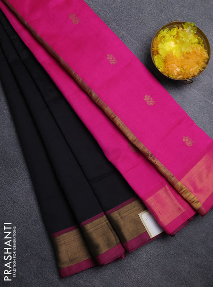 Semi silk cotton saree black and pink with zari woven buttas and zari woven border