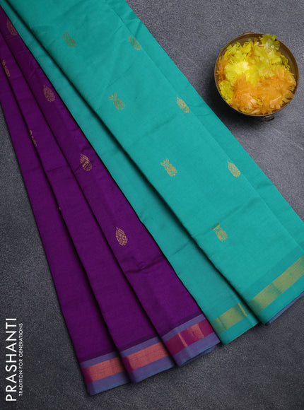 Semi silk cotton saree purple and teal green with zari woven buttas and zari woven border