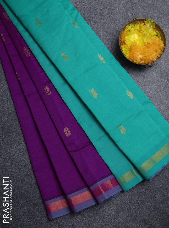 Semi silk cotton saree purple and teal green with zari woven buttas and zari woven border