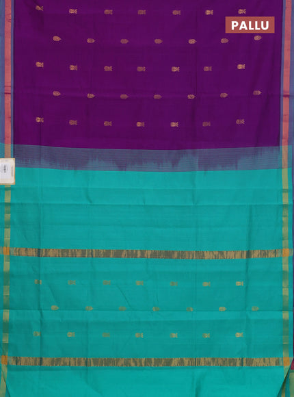 Semi silk cotton saree purple and teal green with zari woven buttas and zari woven border