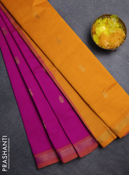 Semi silk cotton saree pink and mustard yellow with zari woven buttas and zari woven border