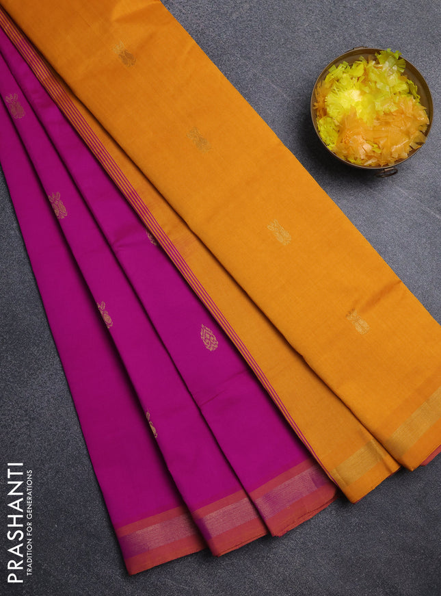 Semi silk cotton saree pink and mustard yellow with zari woven buttas and zari woven border