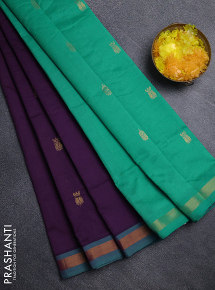 Semi silk cotton saree purple and teal green with zari woven buttas and zari woven border