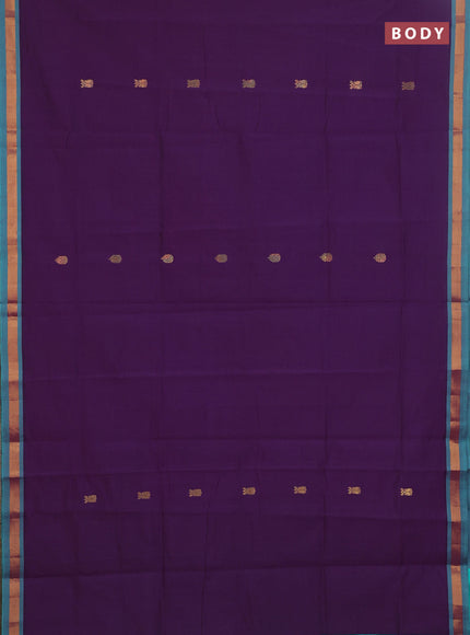 Semi silk cotton saree purple and teal green with zari woven buttas and zari woven border