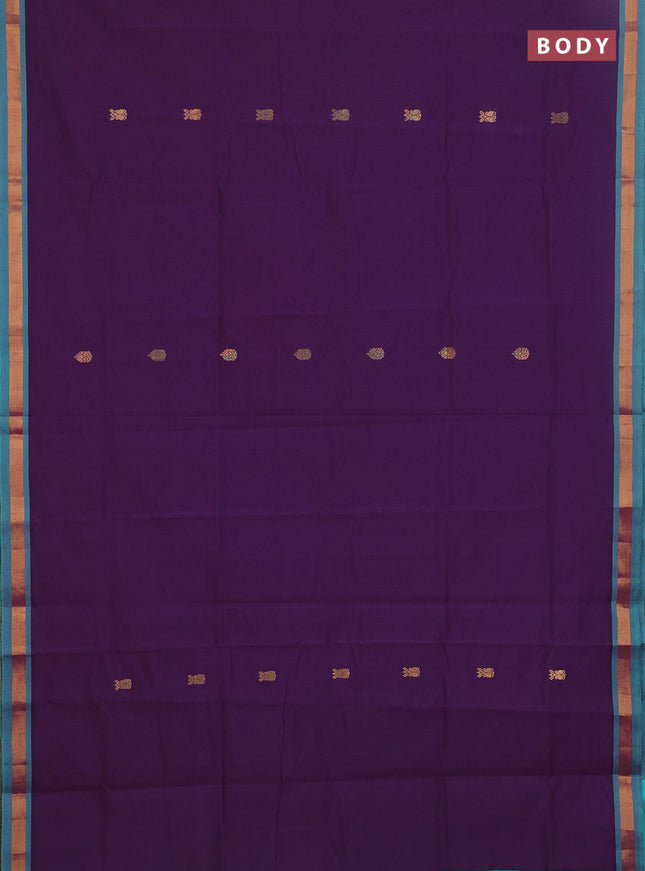 Semi silk cotton saree purple and teal green with zari woven buttas and zari woven border