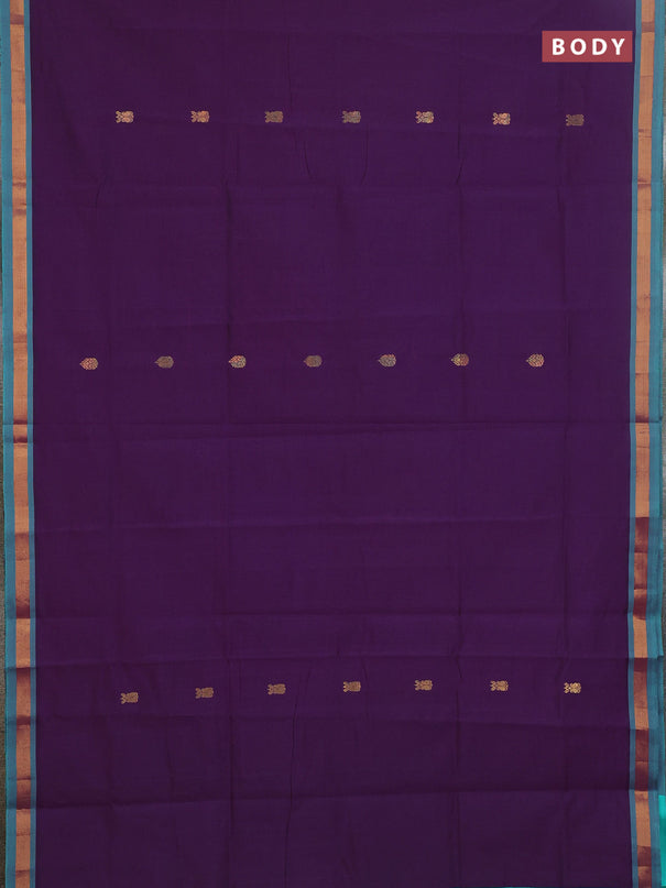 Semi silk cotton saree purple and teal green with zari woven buttas and zari woven border