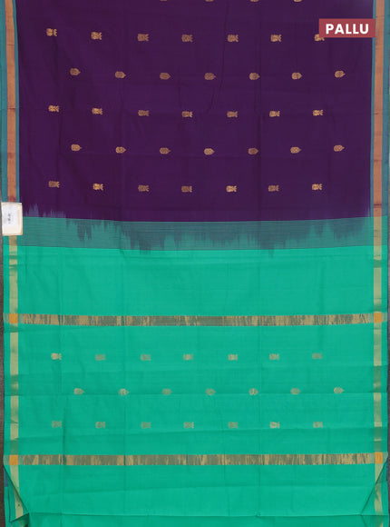 Semi silk cotton saree purple and teal green with zari woven buttas and zari woven border