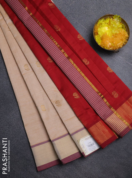 Semi silk cotton saree pale orange and maroon with zari woven buttas and zari woven border