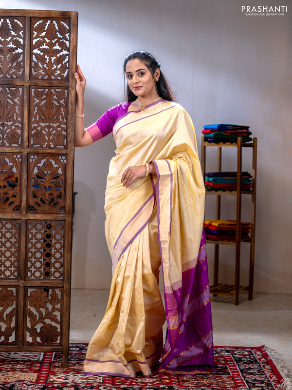 Semi silk cotton saree yellow and magenta pink with zari woven buttas and zari woven border