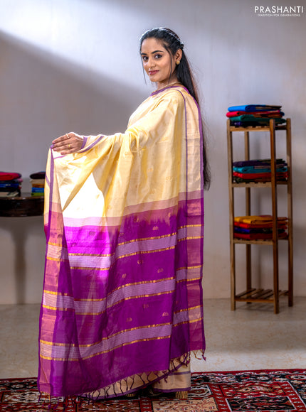 Semi silk cotton saree yellow and magenta pink with zari woven buttas and zari woven border