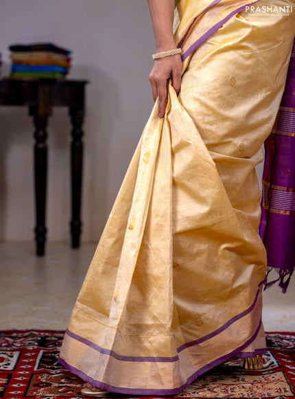 Semi silk cotton saree yellow and magenta pink with zari woven buttas and zari woven border