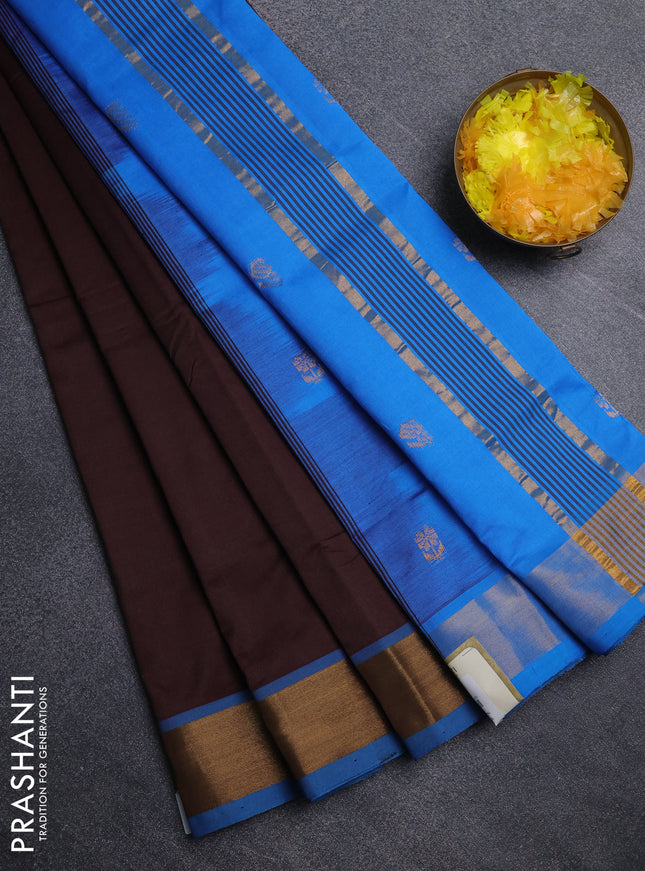 Semi silk cotton saree coffee brown and cs blue with zari woven buttas and zari woven border