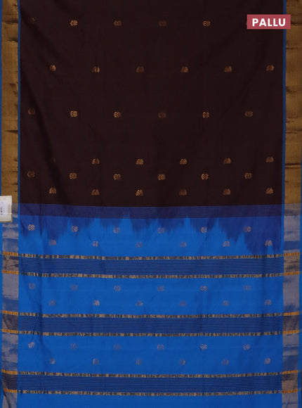 Semi silk cotton saree coffee brown and cs blue with zari woven buttas and zari woven border