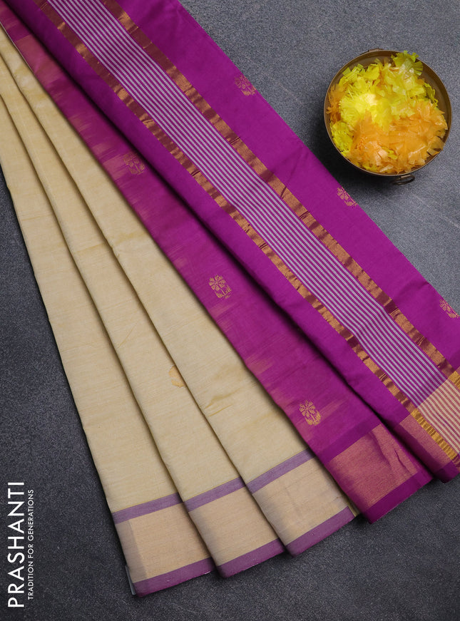 Semi silk cotton saree pale yellow and magenta pink with zari woven buttas and zari woven border