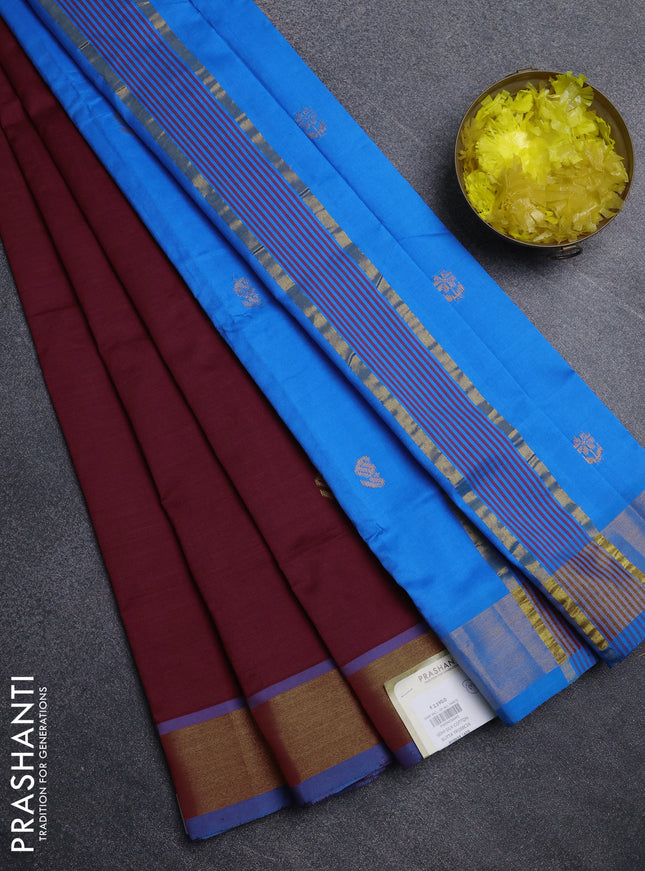 Semi silk cotton saree deep maroon and cs blue with zari woven buttas and zari woven border