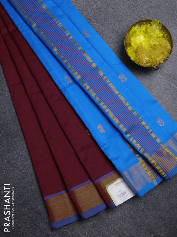 Semi silk cotton saree deep maroon and cs blue with zari woven buttas and zari woven border