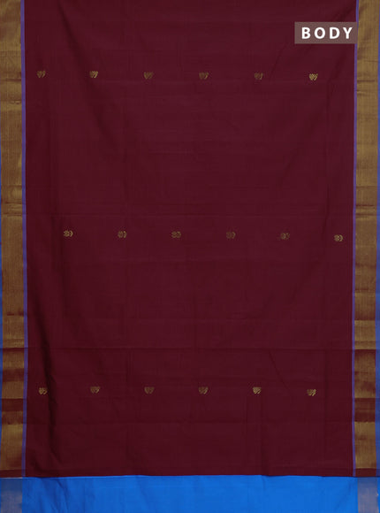 Semi silk cotton saree deep maroon and cs blue with zari woven buttas and zari woven border