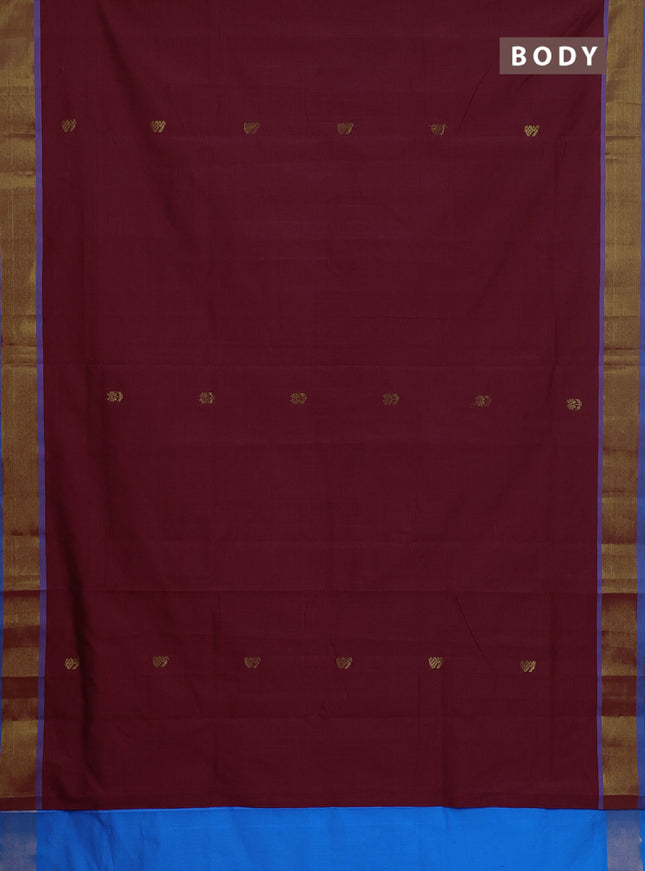 Semi silk cotton saree deep maroon and cs blue with zari woven buttas and zari woven border