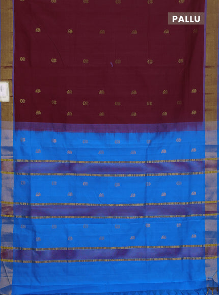 Semi silk cotton saree deep maroon and cs blue with zari woven buttas and zari woven border