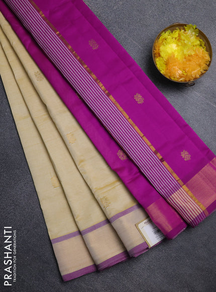 Semi silk cotton saree pale yellow and pink with zari woven buttas and zari woven border