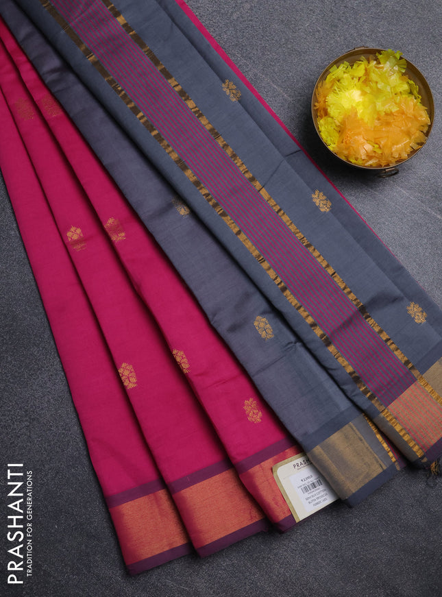 Semi silk cotton saree pink and grey with zari woven buttas and zari woven border