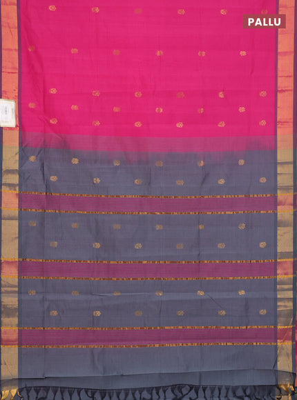 Semi silk cotton saree pink and grey with zari woven buttas and zari woven border