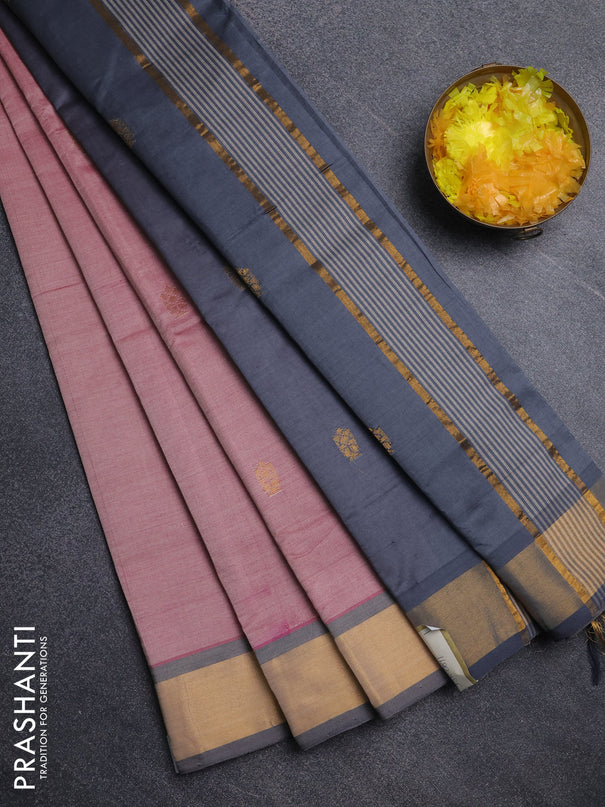 Semi silk cotton saree light pink and grey with zari woven buttas and zari woven border