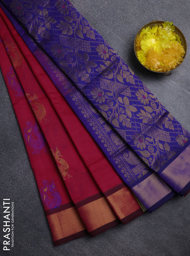 Semi silk cotton saree tomato pink and navy blue with annam zari woven buttas and zari woven border