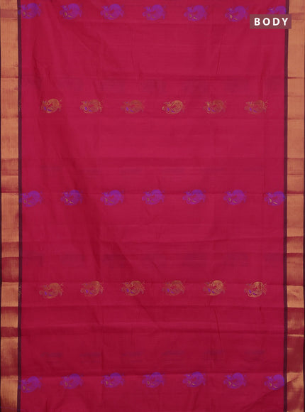 Semi silk cotton saree tomato pink and navy blue with annam zari woven buttas and zari woven border