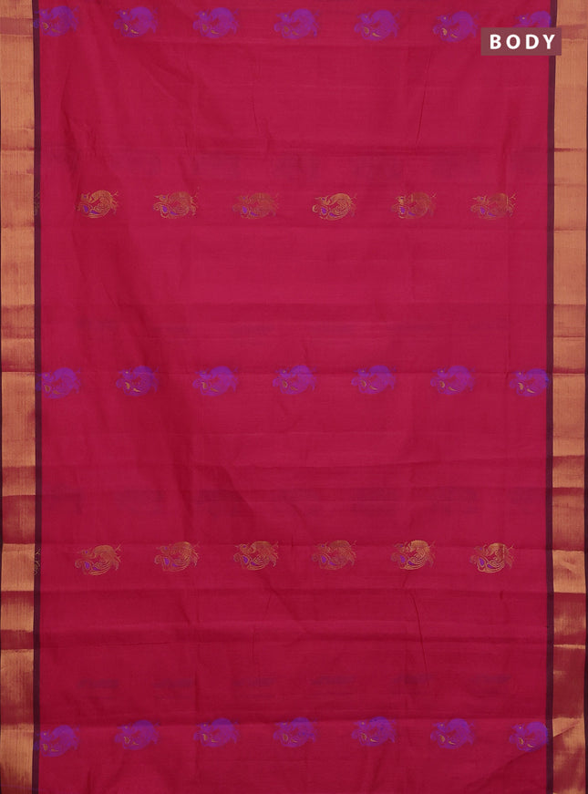Semi silk cotton saree tomato pink and navy blue with annam zari woven buttas and zari woven border