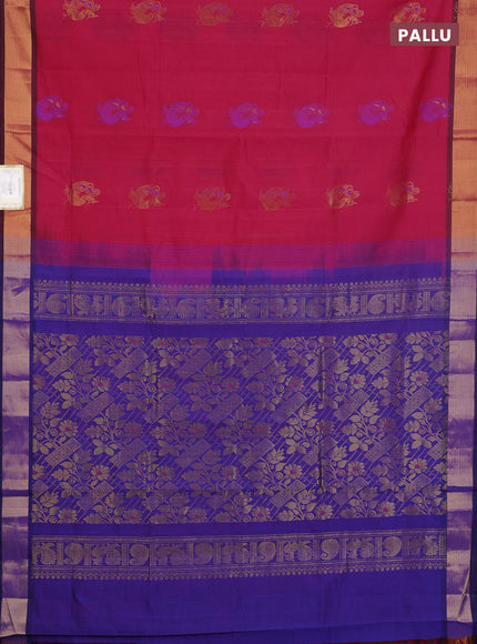 Semi silk cotton saree tomato pink and navy blue with annam zari woven buttas and zari woven border