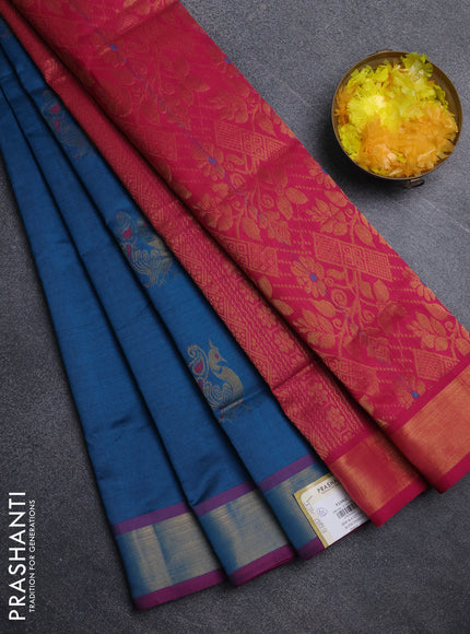 Semi silk cotton saree peacock blue and pink with annam zari woven buttas and zari woven border