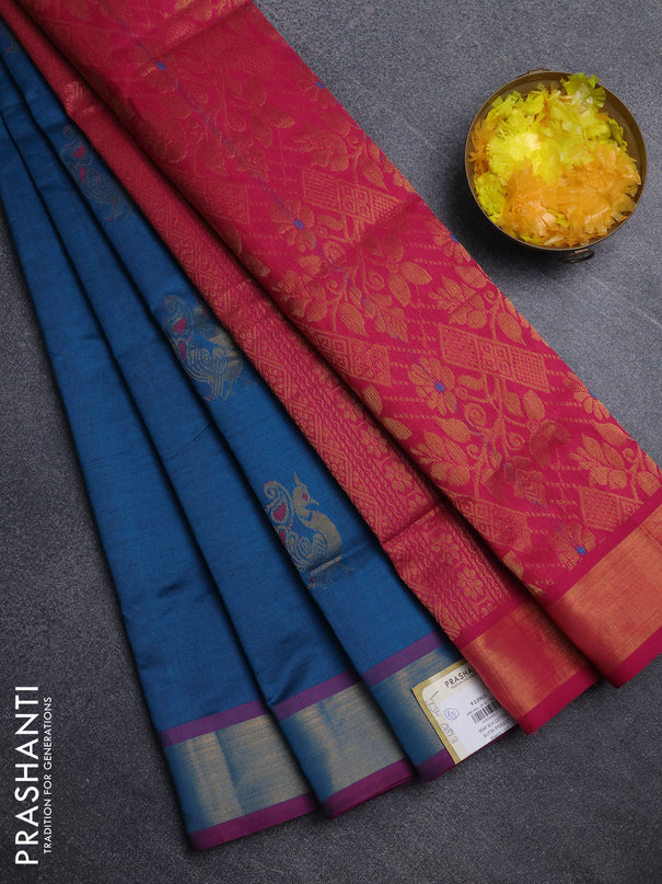 Semi silk cotton saree peacock blue and pink with annam zari woven buttas and zari woven border