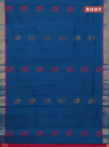 Semi silk cotton saree peacock blue and pink with annam zari woven buttas and zari woven border
