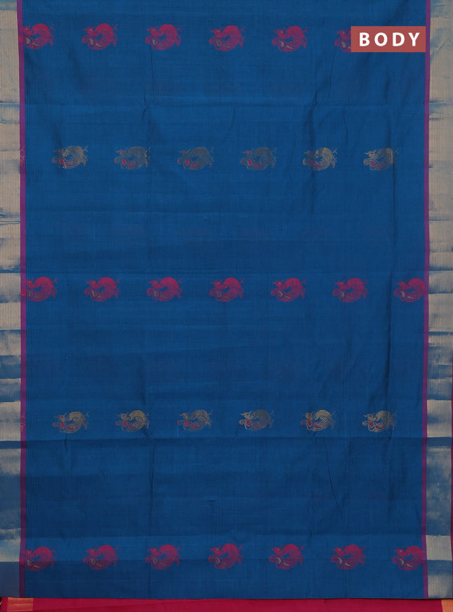 Semi silk cotton saree peacock blue and pink with annam zari woven buttas and zari woven border