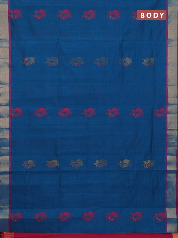 Semi silk cotton saree peacock blue and pink with annam zari woven buttas and zari woven border