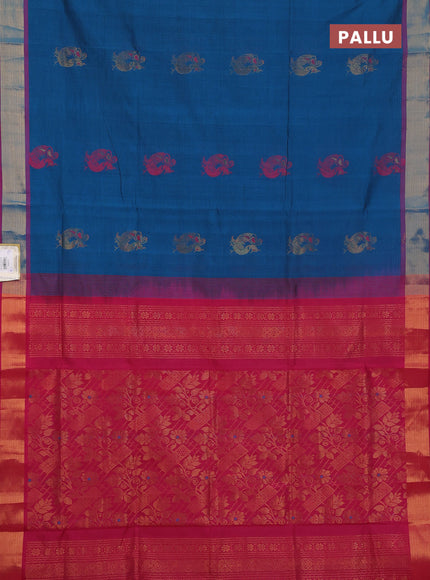 Semi silk cotton saree peacock blue and pink with annam zari woven buttas and zari woven border