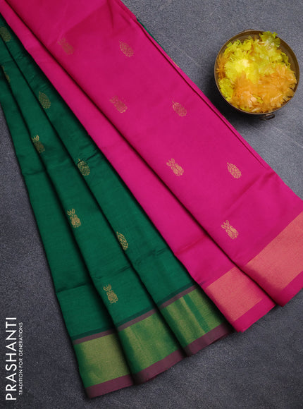 Semi silk cotton saree green and pink with zari woven buttas and zari woven border