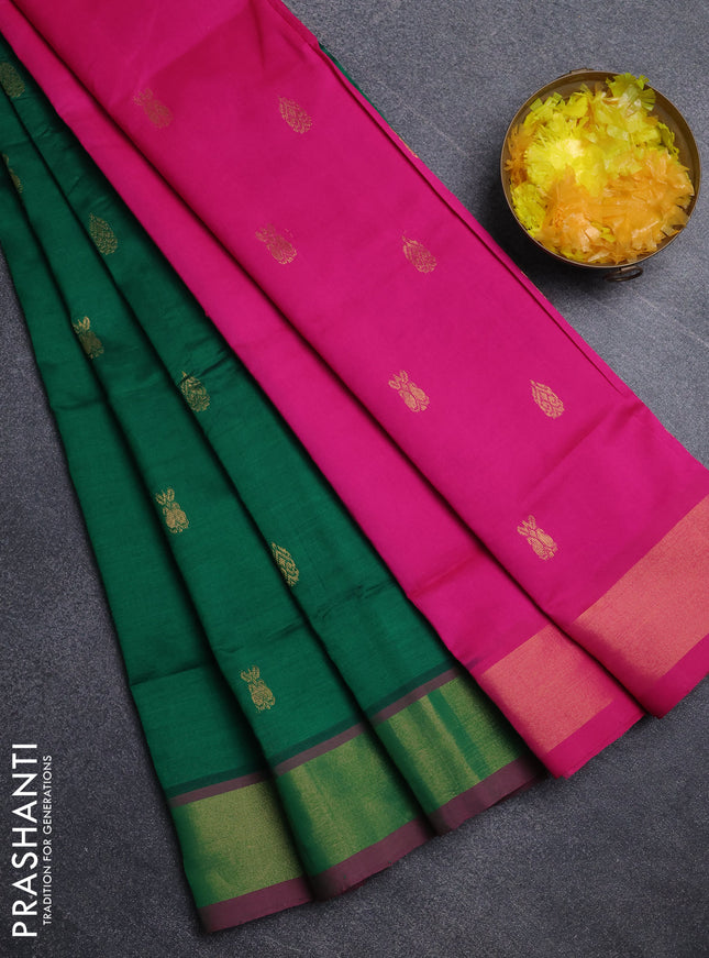Semi silk cotton saree green and pink with zari woven buttas and zari woven border