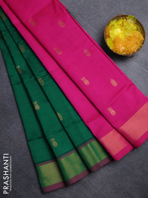 Semi silk cotton saree green and pink with zari woven buttas and zari woven border