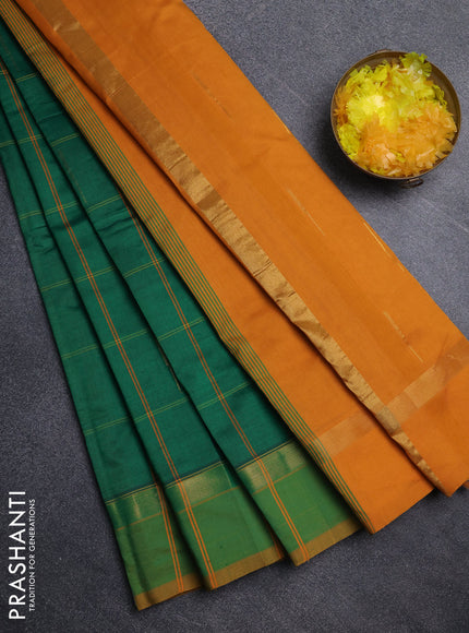 Semi silk cotton saree green and mustard yellow with allover thread checks & zari buttas and zari woven simple border