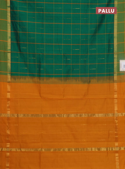 Semi silk cotton saree green and mustard yellow with allover thread checks & zari buttas and zari woven simple border