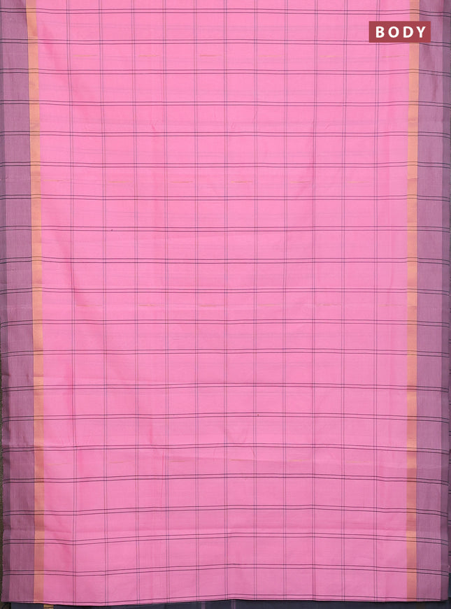 Semi silk cotton saree light pink and grey with allover thread checks & zari buttas and zari woven simple border