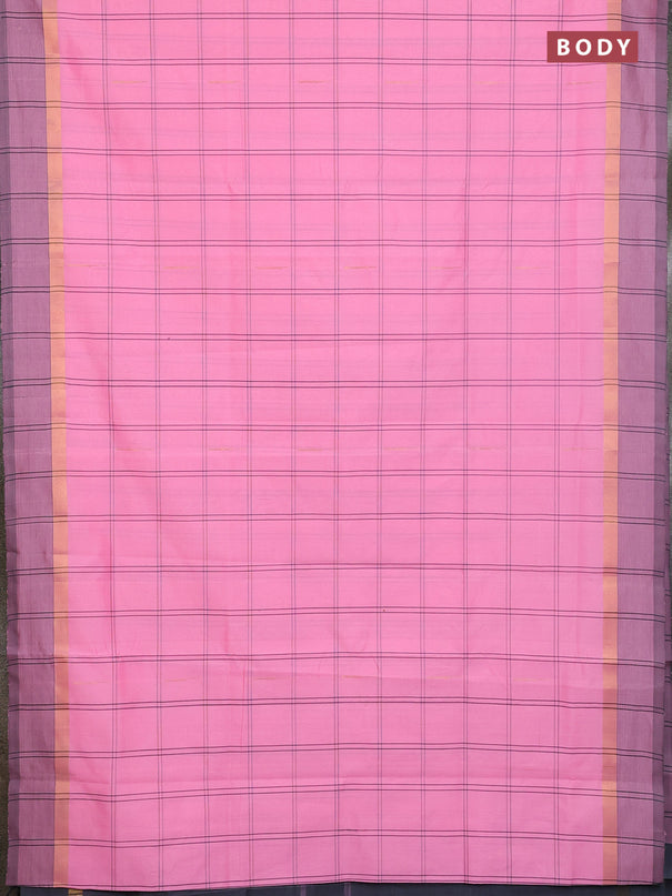 Semi silk cotton saree light pink and grey with allover thread checks & zari buttas and zari woven simple border