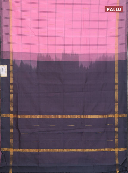 Semi silk cotton saree light pink and grey with allover thread checks & zari buttas and zari woven simple border