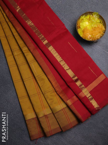 Semi silk cotton saree dark mustard and maroon with allover thread checks & zari buttas and zari woven simple border