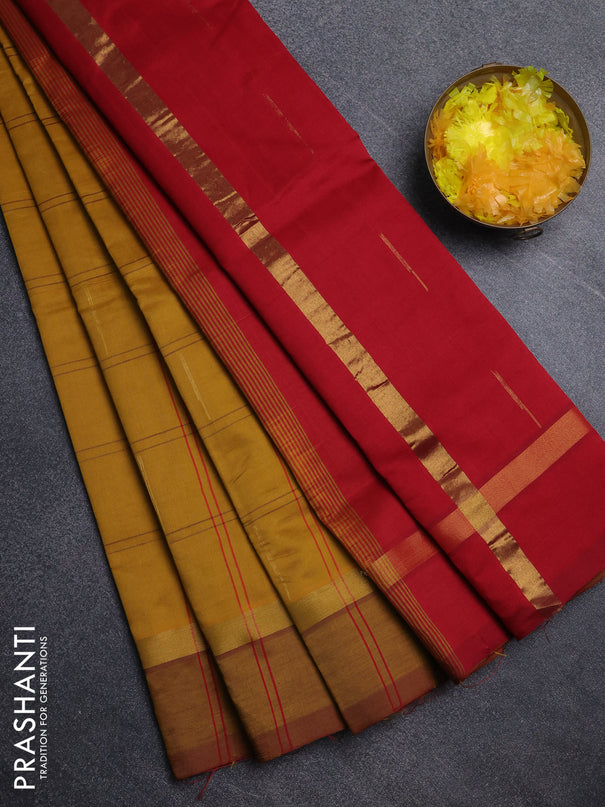 Semi silk cotton saree dark mustard and maroon with allover thread checks & zari buttas and zari woven simple border
