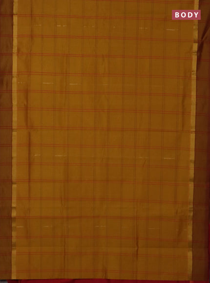 Semi silk cotton saree dark mustard and maroon with allover thread checks & zari buttas and zari woven simple border