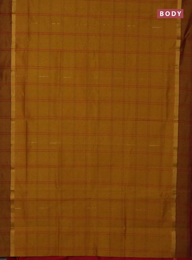 Semi silk cotton saree dark mustard and maroon with allover thread checks & zari buttas and zari woven simple border