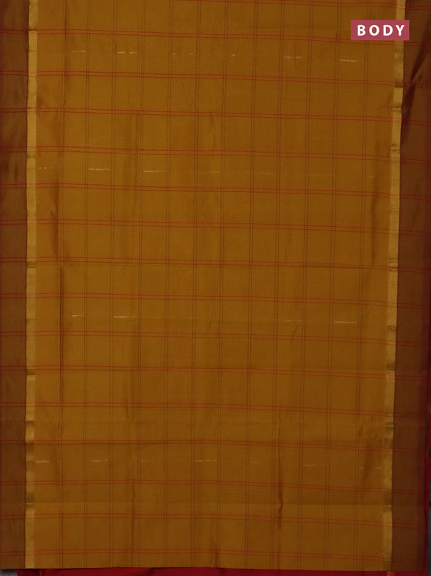 Semi silk cotton saree dark mustard and maroon with allover thread checks & zari buttas and zari woven simple border